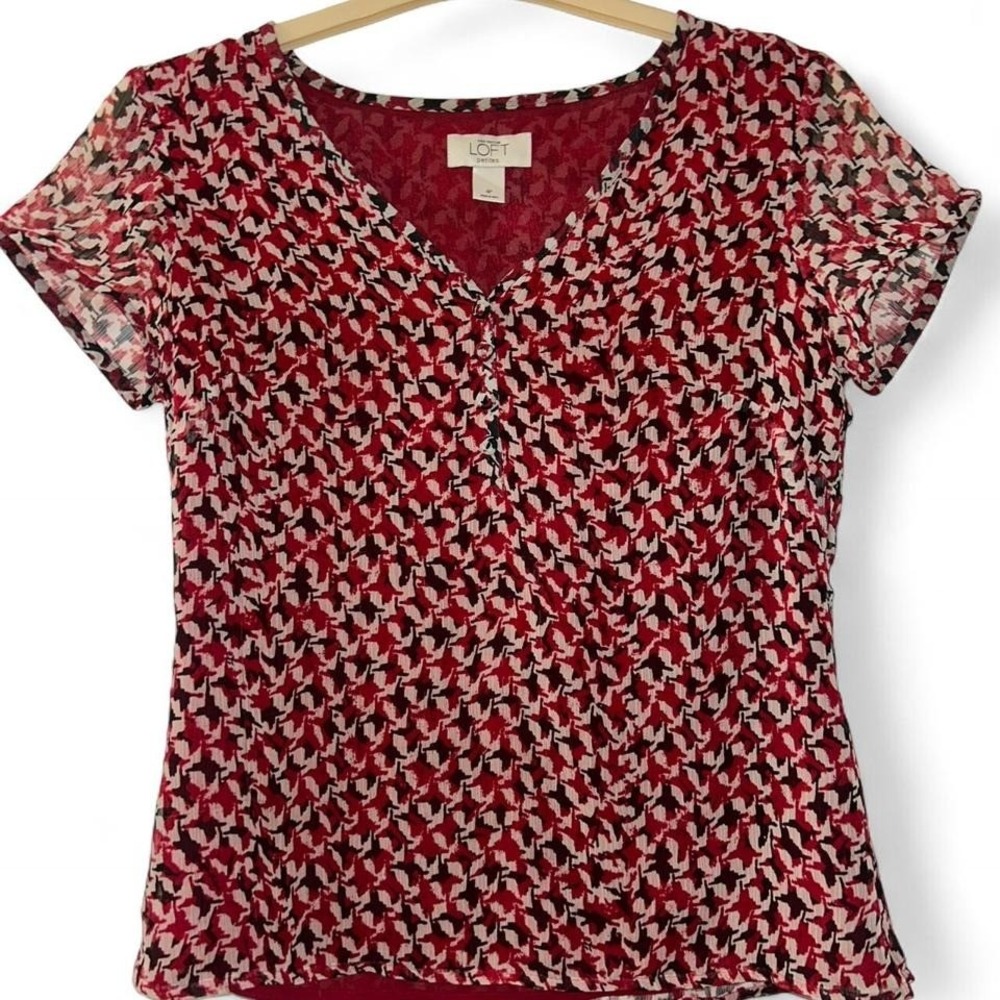 Ann Taylor Loft‎ Petites Red Black Houndstooth V-Neck Blouse Side Zip Size 4P